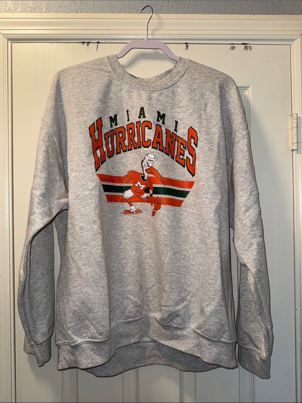 Gildan Miami Hurricanes Gray Crewneck Sweatshirt with Orange & Green Graphics